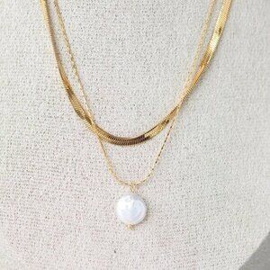 Double Layer Gold Necklace w/ Round Coin Pearl Herringbone & Dainty WATERPROOF